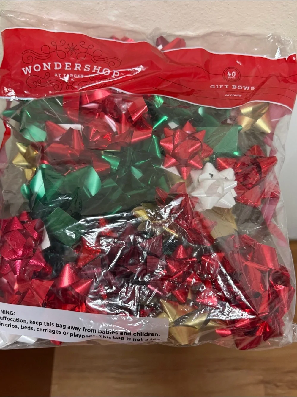 5 bags-  Metallic Holiday Gift Bows in Red, Green, White, Gold - 200 Count